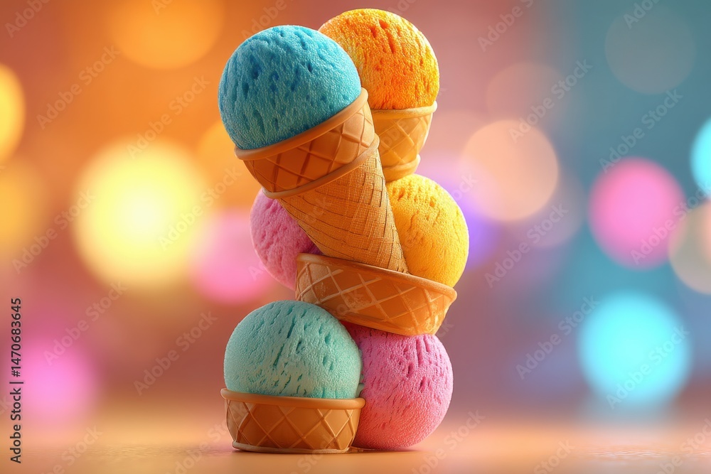 Poster a colorful stack of several different flavored ice cream cones towers over a blurred bokeh backgroun