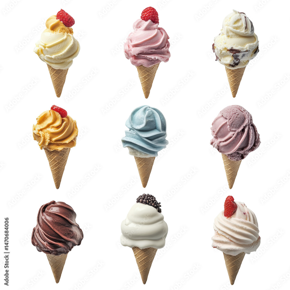 Poster colorful assortment of delicious ice cream cones on a transparent background perfect for summer trea