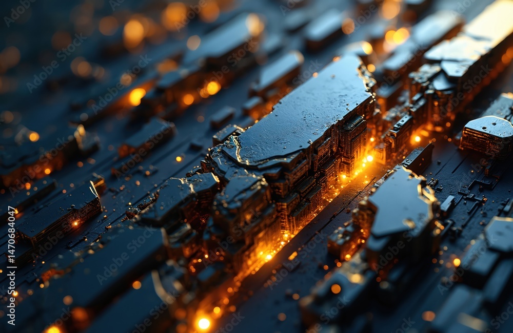Leinwandbilder futuristic tech abstract background. gold and blue glow, black metallic details. digital circuit boa