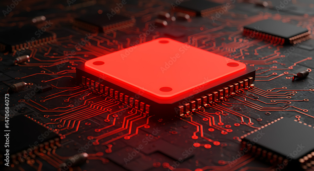 Poster close up of a computer circuit board with a large square chip highlighted in red, set against a netw