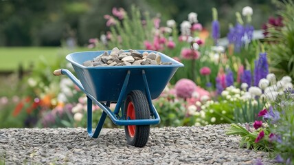 A blue wheelbarrow full of rocks sits on a gravel path in front of a vibrant flower garden. The blurry background showcases a variety of colorful blooms, adding a touch of beauty to the image.  