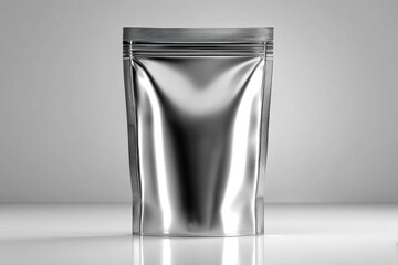 A sleek silver foil stand-up pouch with zipper on white backdrop, ideal for packaging various products, showcasing modern design and high-quality material, clean look.