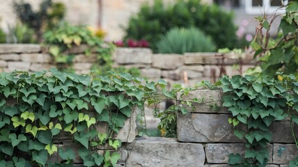A natural stone wall with lush greenery and climbing plants