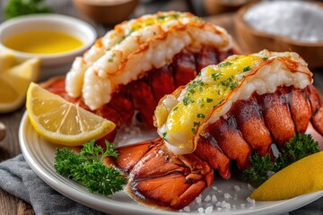 A close-up of two delicious lobster tails with lemon wedges and butter sauce, presented on a plate, showcasing culinary excellence and seafood indulgence for fine dining.