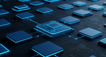 Interconnected Squares: A futuristic network of blue squares connected by glowing lines on a dark surface, symbolizing tech connectivity.
