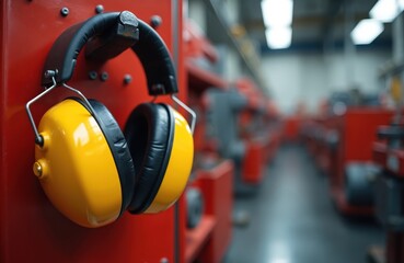 Yellow protective earmuffs hang on a red heavy industrial machine. Personal protection equipment PPE noise reduction gear. Workshop, factory, construction site, industry.