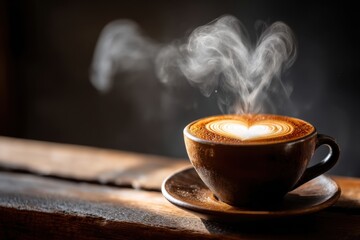 A steaming cup of coffee with a heart-shaped latte art design, perfect for a cozy morning and a warm drink on a rustic wooden table, creating a relaxing atmosphere.