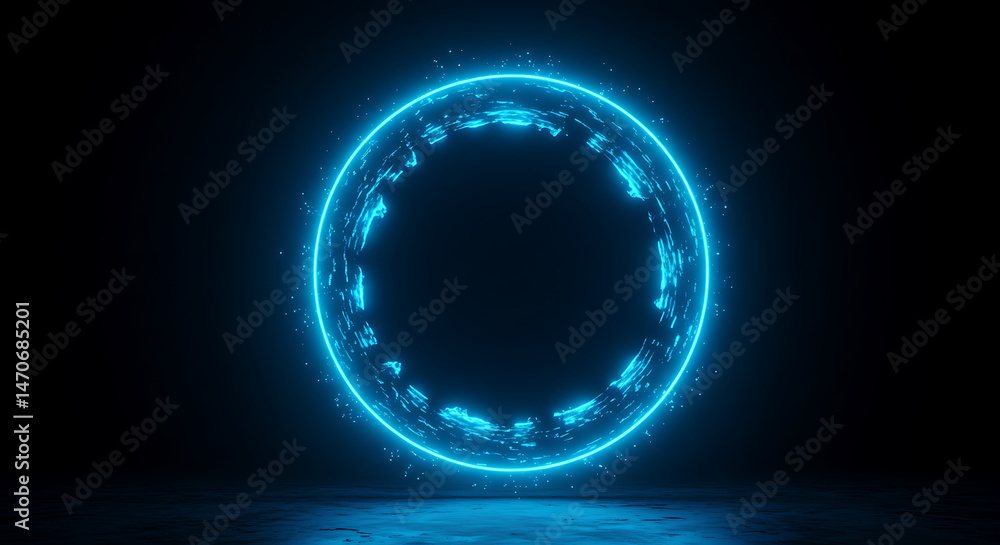 Poster a glowing cyan circle stands against a dark background, casting a neon-like glow, hinting at portals