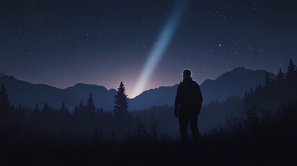 Fototapeta premium Silhouetted figure at night, celestial beam. [Crystalline Wilderness] | Starcrystal Pines | celestial glow. Illustration