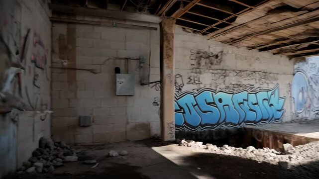 Industrial building interior with shark graffiti mural on concrete brick wall showcasing a powerful marine predator with jagged teeth and open mouth.