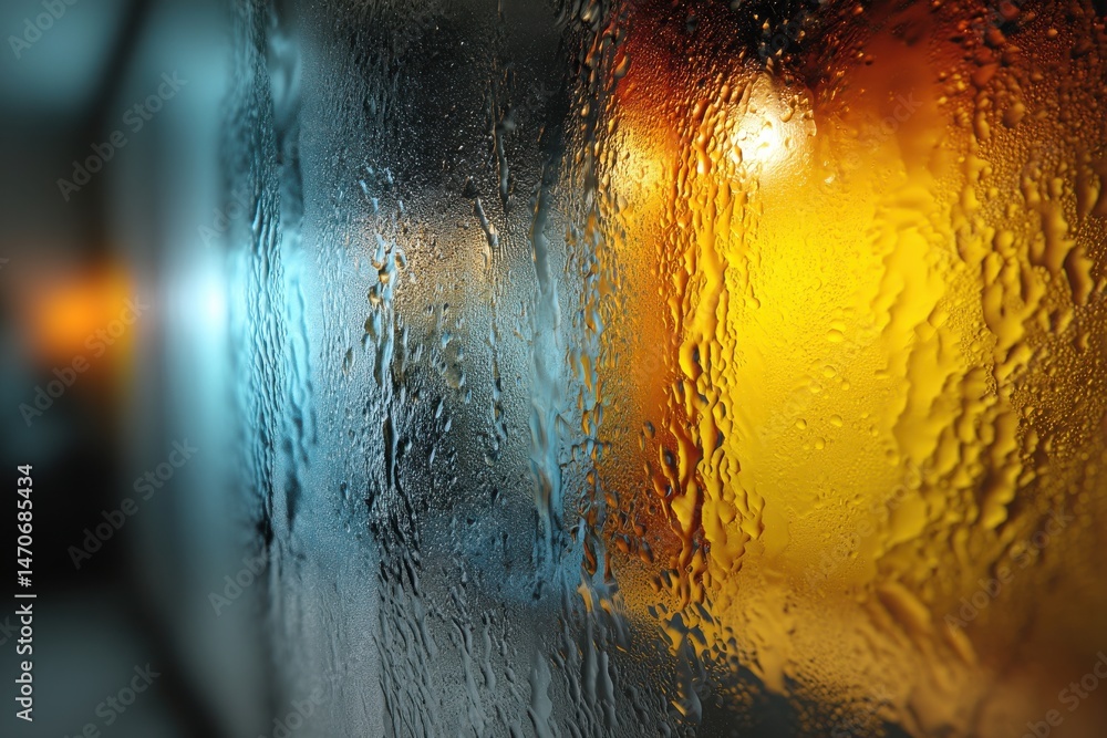 Poster abstract close-up of water droplets on a glass surface, highlighting vibrant blue and yellow hues wi
