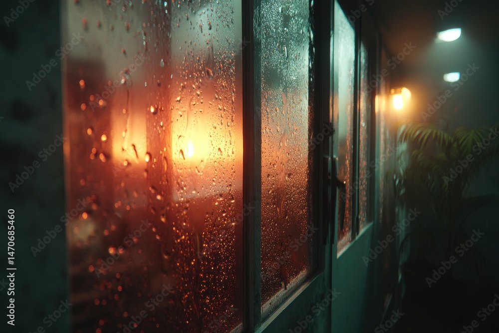 Poster a blurred and textured view of a window covered in rain droplets, with an indoor setting visible, in