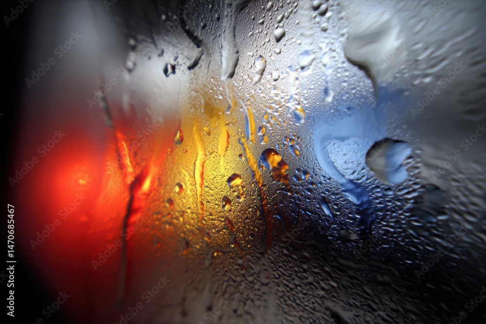 Poster abstract macro view of water droplets on a reflective surface with colorful lights, creating an arti