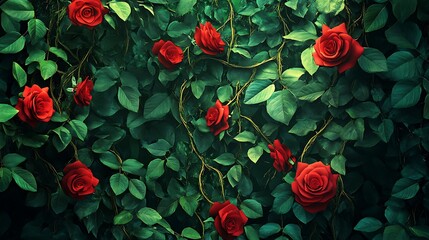 Lush, vibrant roses entwined in a dark, green foliage.