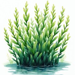 Watercolor illustration of aquatic plants in tranquil pond. Green leaves, simple design elements, art print, clip art. Clean style. Suitable for design, decor, eco, natural themes. Generative Ai art.