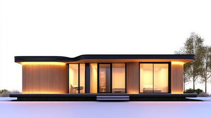 Modern wooden house with large windows and soft lighting, surrounded by trees in a serene setting