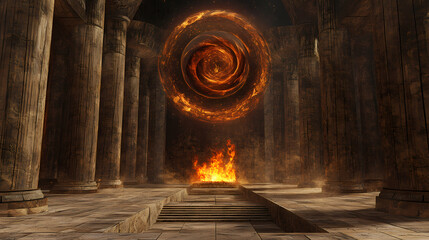 Mysterious ancient temple with cosmic vortex and fiery altar. [Vortex Temples] | Infinite Steeple | unending rise. Illustration