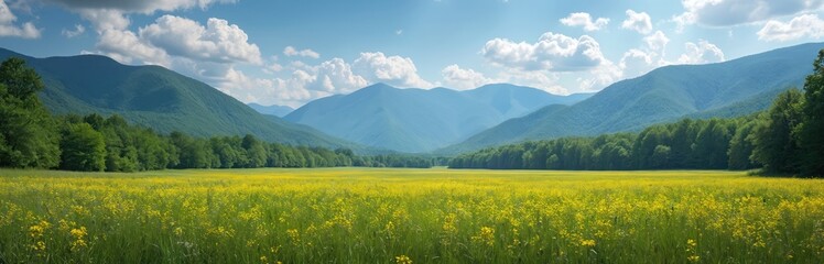Fototapeta premium Panoramic landscape of Cades Cove, Great Smoky Mountains National Park. Blue mountain range, green forests, yellow meadow spring. Scenic views, hiking trails. Perfect travel destination, outdoor