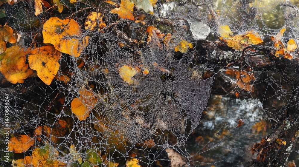Poster autumnal spiderweb intricate design on a branch.