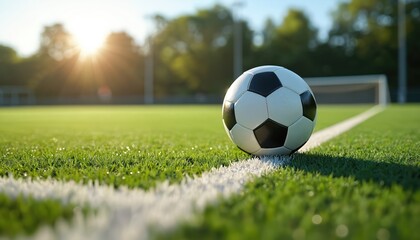 Fototapeta premium Soccer ball rests on a green artificial grass field with white lines. The ball is on a corner line. Sunlight shines from background with goal posts. Football, sport game on soccer arena.