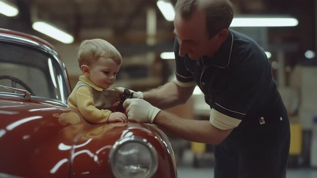 A father and son enjoy a bonding moment while cleaning a classic car in a cozy garage setting.