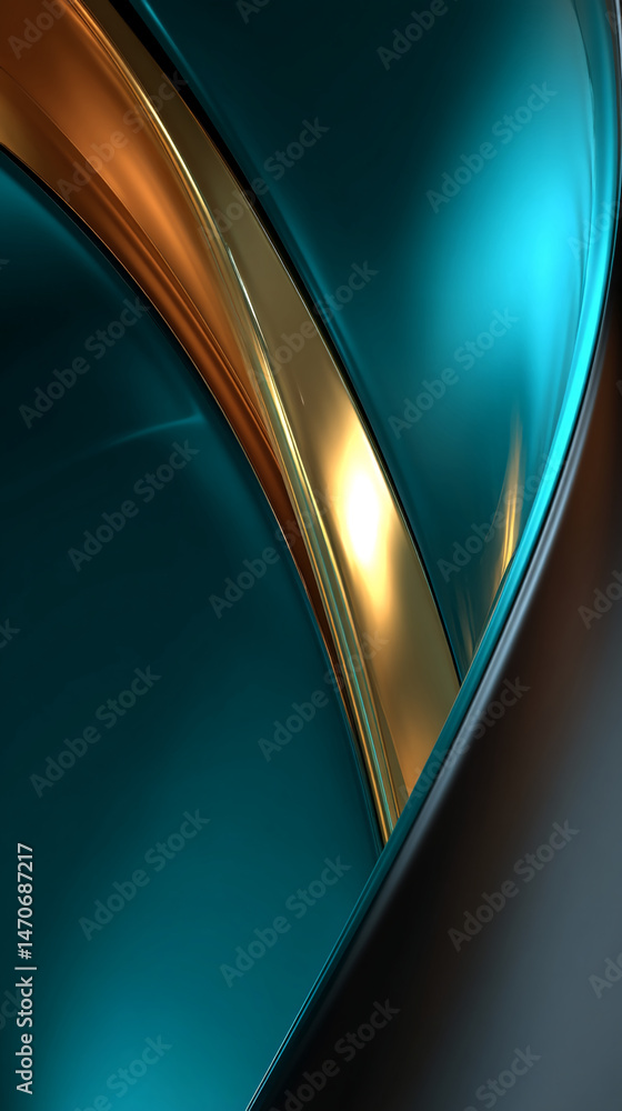 Poster abstract image of teal and gold curved lines, creating a sleek and modern design, showcasing a sense