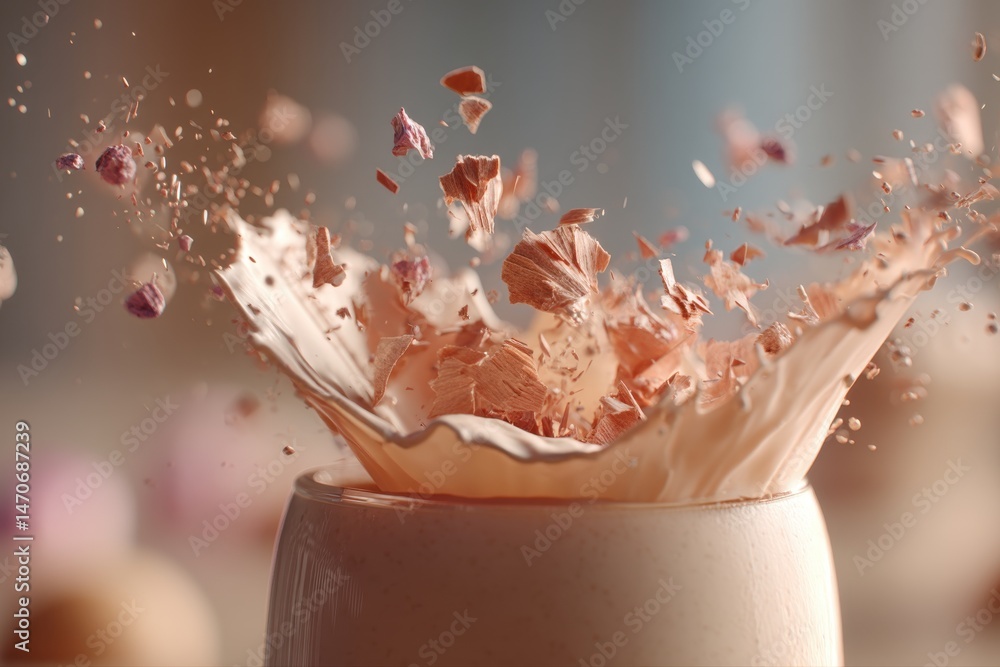 Poster dynamic shot of a beverage with splashes and falling particles in a glass, showcasing a captivating 