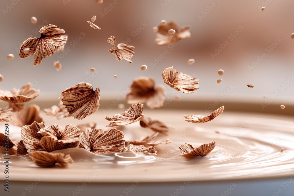 Poster a captivating close-up of cereal flakes and milk creating a dynamic breakfast scene, showcasing the 