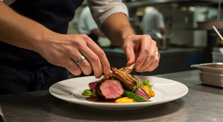 Chef delicately plating gourmet lamb chops with colorful vegetables, creating culinary masterpiece on stainless steel kitchen surface.
