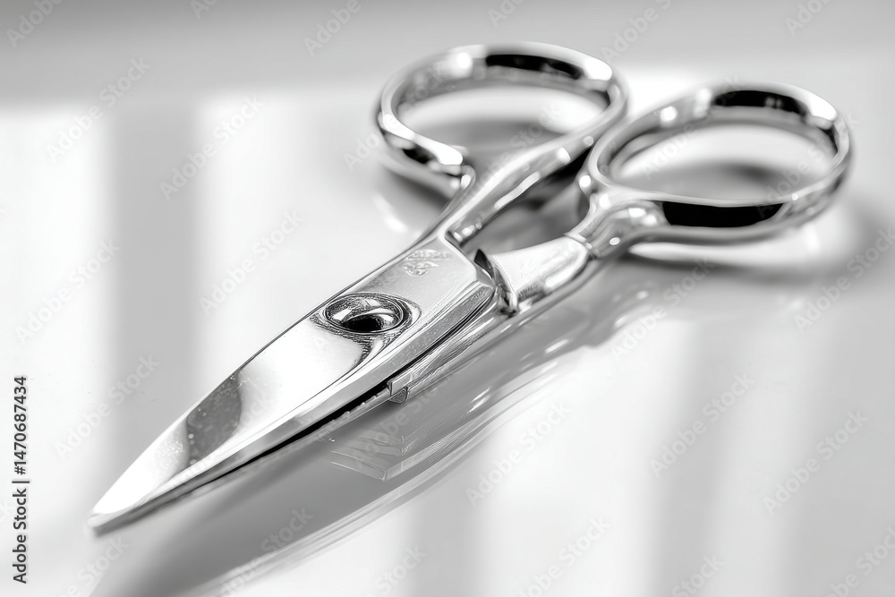 Aufkleber a gleaming pair of silver scissors resting on a reflective white surface, highlighting the sharpness