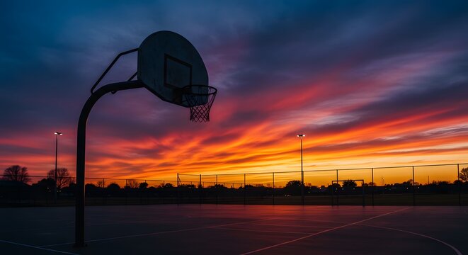 A basketball hoop stands silhouetted against a vibrant sunset, the sky painted with fiery hues. The scene evokes a sense of tranquility and reflection.