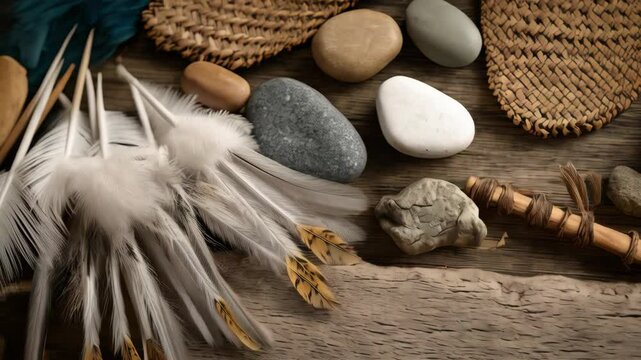 Boho style arrangement with feathers, river stones and wood stick on wooden background; ideal for rustic style presentations and copy space for text.
