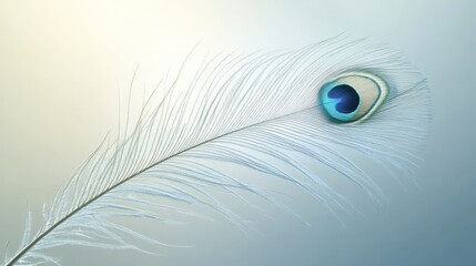 Obraz premium Delicate peacock feather against a soft, pastel backdrop.