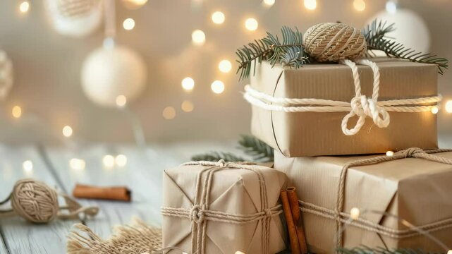 Festive wrapped gifts with string and cinnamon sit near a ball of twine and evergreen branches. The rustic wooden surface is adorned with string lights. Neutral hues evoke a cozy holiday setting.