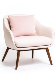 Elegant pink cushion on a modern armchair against a white backdrop, showcasing minimalist design