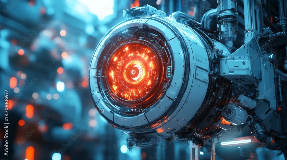 Poster futuristic engine core in a technological setting.