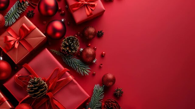 An arrangement of red presents, decorative balls, pine cones, star anise, and evergreen sprigs on a plain red surface, creating a Christmas or holiday-themed flat lay, with space for writing.
