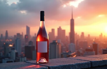 Bottle rose wine rooftop city skyline sunset, romantic atmosphere. Advertising marketing concept, copy space for text. Drink beverage promotion. Cityscape background, twilight hour, beautiful light