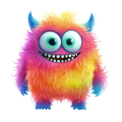 Fototapeta premium Colorful furry monster character smiling brightly on a transparent background, showcasing a friendly and whimsical, Colorful Furry Monster Cartoon Character on transparent background