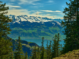 Stunning panoramic view of snow-capped mountains and lush valleys in Switzerland on a clear day