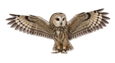 Majestic long-eared owl with patterned wings outstretched, displaying a striking symmetrical pose in full flight, isolated on transparent background