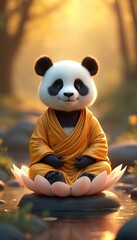 Panda in lotus pose, symbol of tranquility, meditation, in serene environment. Gentle character embodies nature peacefulness, harmony, calmness. Focus on spirituality, mindfulness, emotion, inner