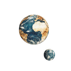 This artwork features the Earth and its Moon set against a stark transparent background, highlighting their relative sizes, earth and planet on transparent background