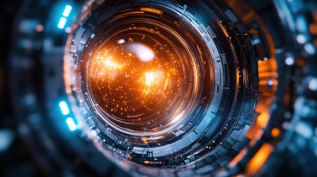 Futuristic, intricate technological lens. Intense energy emanating from the center - Powered by Adobe