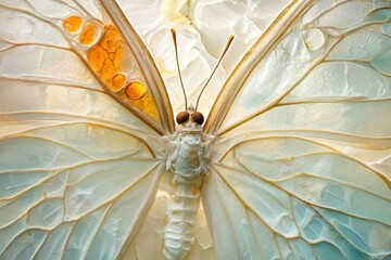 Close-up of a glasswing butterfly showcasing intricate wing veins and translucent texture.