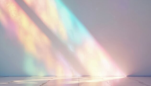 Dreamy holographic rainbow light refraction texture overlay. Abstract soft bokeh effect on white wall. Organic prismatic glow, natural shadows, background with copy space. Perfect for design,