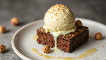 Pistachio ice cream on chocolate dessert with Pistachio. 