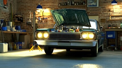 Fototapeta premium Classic Car in Garage with Open Hood Showcasing Engine Components and Tools