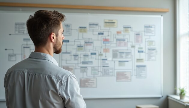 Businessman analyzes complex flowchart on whiteboard. Strategy planning decision making concept. Office background, window, small plant. Data analysis, business strategy, project management, process