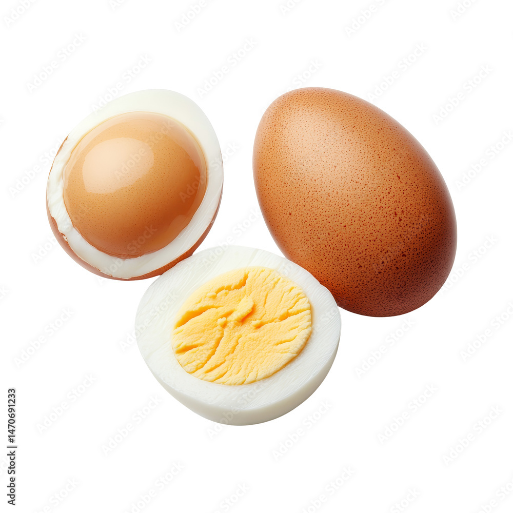 Poster fresh boiled egg halved and whole on a transparent background showcasing its texture and color, boil
